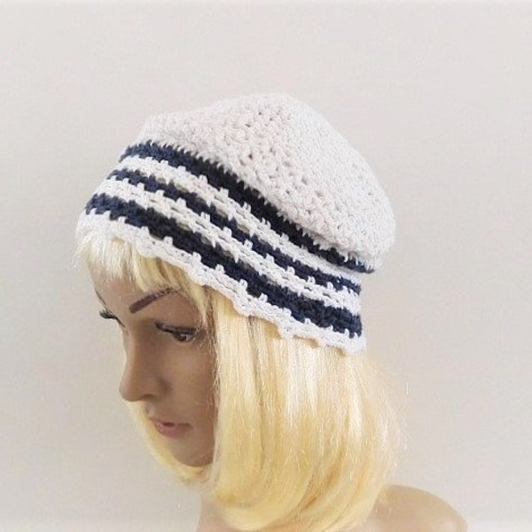 Bonnet féminin, bonnet femme jeune fille en coton bio blanc bleu marine et soie écrue irisée, cadeau accessoire chapeau féminin fait main