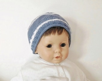 Bonnet bébé, bonnet bob bébé garçon 6mois /9 mois en coton écologique bleu jean et écru, cadeau bébé garçon,accessoire bébé garçon fait main