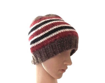 Bonnet unisexe, bonnet homme femme adolescent en laine de yack marron d'alpaga écrue et noire et mohair écrue, cadeau accessoire fait main