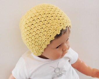 Bonnet bébé, bonnet bébé fille 9 mois à 18 mois demi-saison en coton et laine mérinos jaune, cadeau accessoire bébé, chapeau bébé fait main