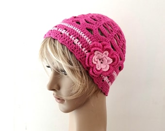 Bonnet féminin, bonnet été pour femme jeune fille en coton écologique rose fuchsia, cadeau accessoire bonnet béret chapeau féminin fait main