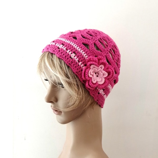 Bonnet féminin, bonnet été pour femme jeune fille en coton écologique rose fuchsia, cadeau accessoire bonnet béret chapeau féminin fait main