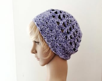 Bonnet féminin, bonnet béret été femme fille en coton écologique violet et soie blanc irisé,cadeau accessoire bonnet chapeau femme fait main