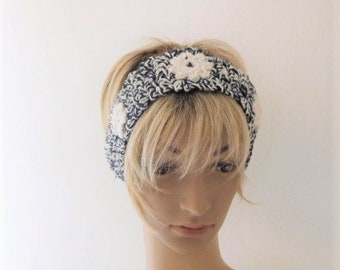 Diadema femenina, banda para el cabello de mujer adolescente en algodón orgánico azul marino y blanco, regalo accesorio de diadema de niña para mujer hecho a mano