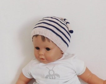 Bonnet bébé, bonnet bébé 6/9 mois en coton et laine mérinos naturel - marine, cadeau bébé, accessoire bébé, chapeau bébé fait main