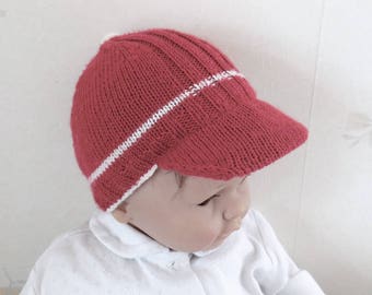 Casquette bébé, casquette bébé garçon 12 mois 18 mois en laine mérinos rouge et écrue, cadeau bébé garçon, accessoire bébé garçon fait main