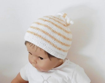 Bonnet bébé, bonnet bébé 6 mois en coton biologique blanc et orange chiné, cadeau bébé, cadeau accessoire bonnet bébé fait main