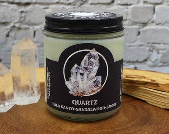 9 oz Soy Wax Candles - Crystal Collection - Quartz - Palo Santo, Sandalwood & Smoke - 40+ Hours