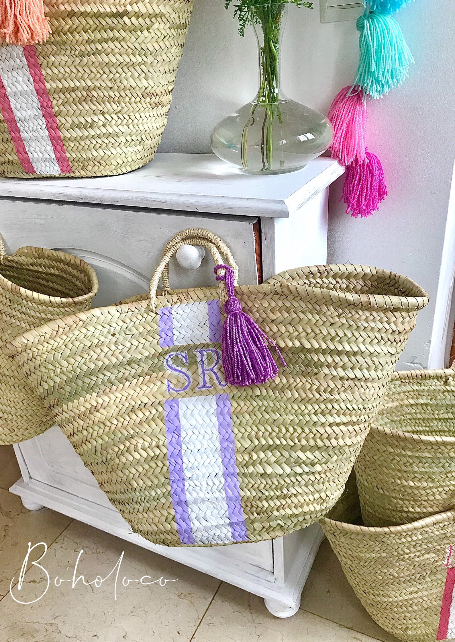 Personalised Straw Beach Tote Monogram Straw Basket Shopping Etsy