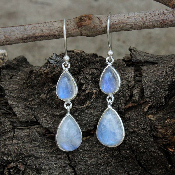Rainbow Moonstone Drop Earrings in 925 Sterling Silver handcrafted in sterling silver and bezel setting with cabochon gems