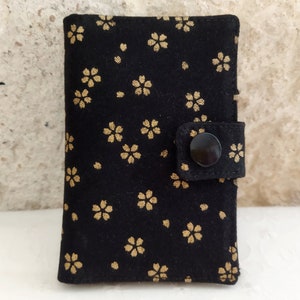 Porte cartes en tissu japonais Sakura fleurs noir et or - petit portefeuille porte-monnaie mini portefeuille -  Idée cadeau
