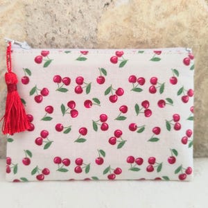 Petite pochette en tissu Cerises rouges fermeture éclair zip - porte monnaie porte cartes mini pochette à bijoux, écouteurs...