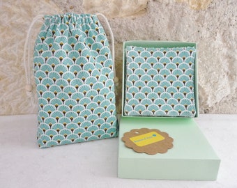 Washable wipes + pouch "Turquoise green fans" square cotton pads for makeup removal or baby, Japanese bamboo terry cloth Gift idea