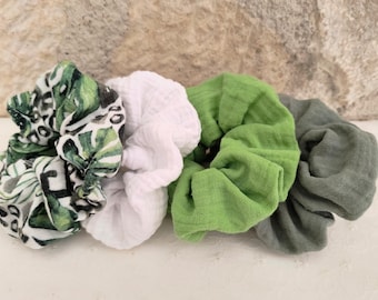 Double gauze cotton scrunchie with Jungle Exotic Leaves, Monstera, and Leopard print - Women's elastic scrunchie - Hair scrunchie