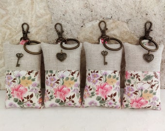 Cotton fabric keychain with pink flowers and natural linen, white and pink bag charm, key or heart charm - Gift idea