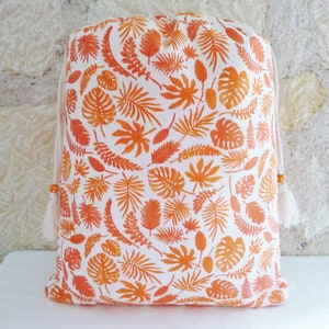 Grand pochon "Feuilles exotiques oranges" à linge lingerie bikinis, en coton doublé - style jungle tropical - sac de rangement voyage maison