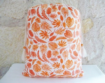 Grand pochon "Feuilles exotiques oranges" à linge lingerie bikinis, en coton doublé - style jungle tropical - sac de rangement voyage maison