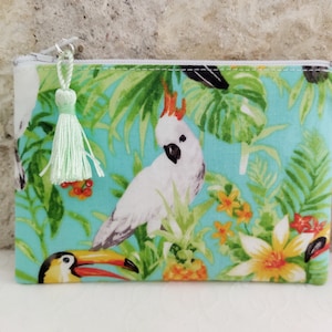 Petite pochette en tissu Cacatoes toucan exotique été fermeture éclair zip - porte monnaie porte cartes mini pochette à bijoux, écouteurs...