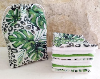 Reserved for J. - Jungle Monstera Nature washable wipes in double gauze, moss green terry cloth, with matching storage bag