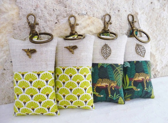 Porte cle en tissu Jungle tropical Colibri Léopards en coton japonais éventails vert ou léopards, lin naturel, breloques - Idée cadeau