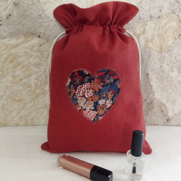 Bolsa de bolso Linen and Liberty Thorpe Heart, forro de algodón natural - colores de otoño - Bolsa de lencería de almacenamiento de viaje a casa - Idea de regalo