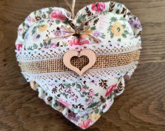 Heart-shaped fabric hanging decoration, natural pink flowers, jewelry organizer, door cushion, country chic home decor - Gift idea