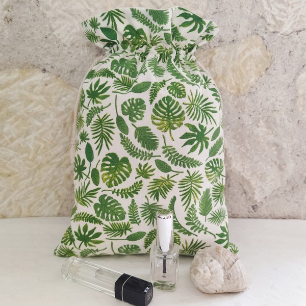 Pochon sac de rangement "Feuilles exotiques vertes" linge lingerie bikinis, en coton doublé - style jungle - sac de rangement maison voyage