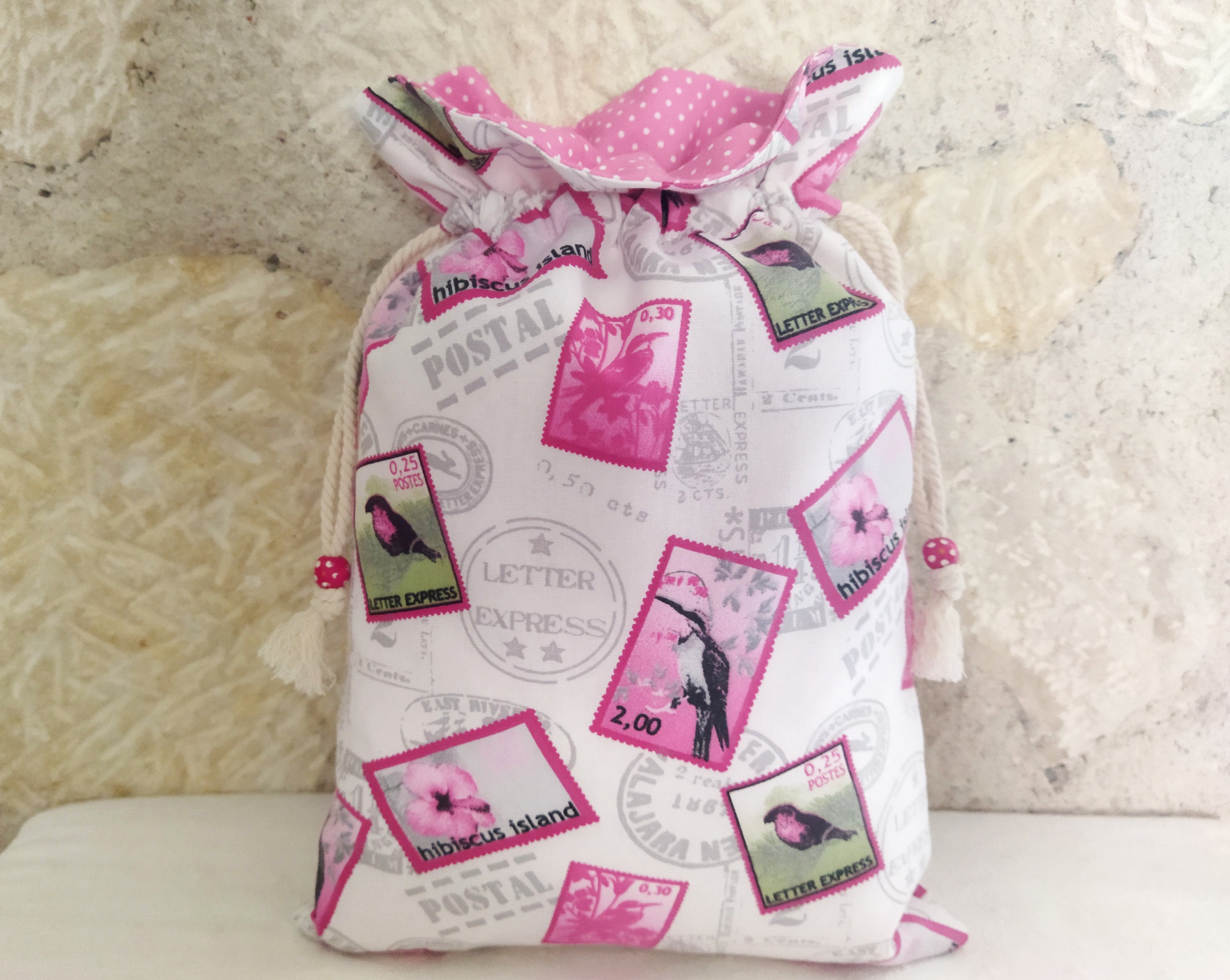 Pochon Vogels Kolibries en roze Hibiscus in gevoerd katoen Lingerietasje bikini's opbergtasje thuis reizen vakantie Cadeau-idee