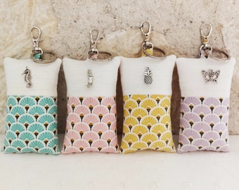 Japanese fabric key ring, linen fans and charm, green pink yellow mauve silver cushions - Bag charm - Gift idea