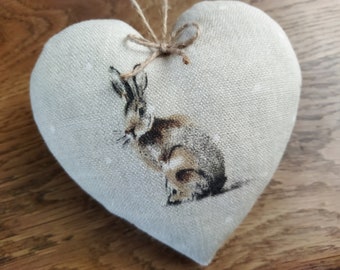 Coeur en tissu à suspendre Lièvre Lapin - Coeur déco nature campagne animaux Décoration maison Idée cadeau