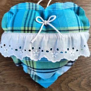 Heart made of turquoise blue Madras cotton fabric with white ruffled eyelet embroidery, Hanging heart - Home decor - Gift idea