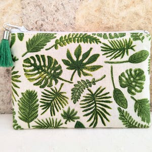 Petite pochette en tissu Feuilles exotiques vertes fermeture éclair zip - porte monnaie porte cartes mini pochette à bijoux, écouteurs...