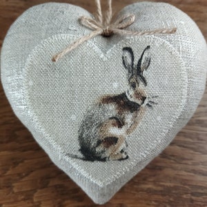 Silver linen heart-shaped hare and rabbit design for hanging - Countryside nature-inspired home decor - Gift idea