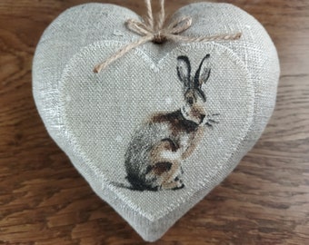 Silver linen heart-shaped hare and rabbit design for hanging - Countryside nature-inspired home decor - Gift idea