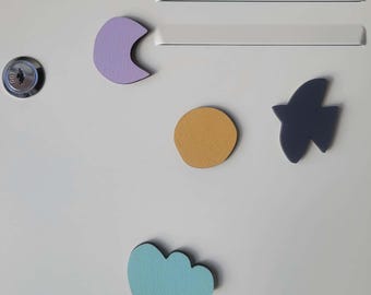 Wooden Magnets - Colorful Fridge Magnets - Minimalist Kitchen Decor - Set of wooden magnets in the shapes of a moon, bird, cloud, and sun