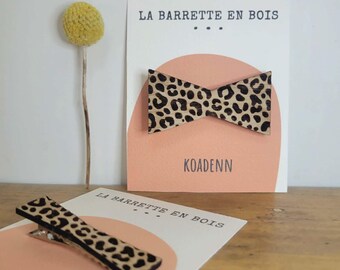 Wooden leopard hair clip - Bow shape - Hair accessory for women and girls - Elegant, natural, and chic gift - Handmade in Brittany