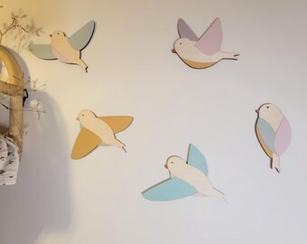 Wooden bird wall decoration for a child's room. Baby wall decor, a flock of colorful birds, a perfect baby gift.