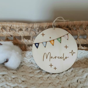Plaque de porte prénom, panneau en bois pour enfant, cadeau naissance, carte annonce bienvenue, broderie, fanions, guinguette, thème cirque