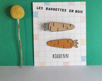 Pair of wooden carrot hair clips - Customizable color - Girl's hair accessory - Children's gift idea - Handmade in Brittany