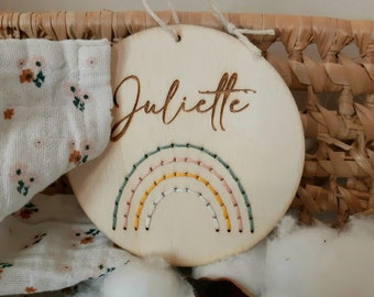 First name door plaque, panel for child's room, birth gift, round wooden card, rainbow decoration, wooden milestone card