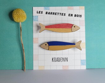 Pair of wooden sardine hair clips - Girl's hair accessory - Crocodile clip - Children's gift idea - Handmade in Brittany