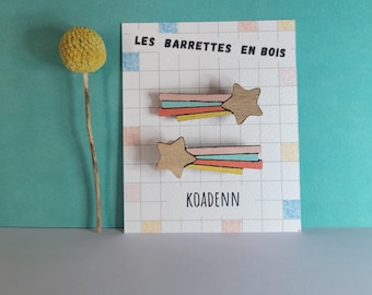 Pair of wooden shooting star hair clips - Girl's hair accessory - Crocodile clip - Children's gift idea - Handmade in Brittany