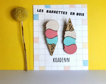 Pair of wooden ice cream barrettes - Girl's hair accessory - Crocodile clip - Children's gift idea - Handmade in Brittany