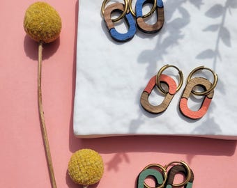 Geometric hoop earrings with interchangeable wooden tassels, customizable huggie earrings, handmade
