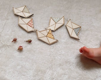 Wooden garland, decoration for a child's room, wooden origami boat garland, baby gift, paper boats, nautical decor