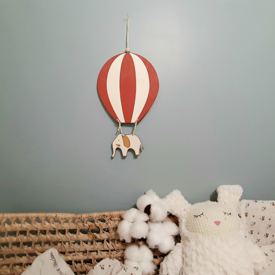 Wooden Hot Air Balloon With Its Hanging Elephant, Baby Room Wall