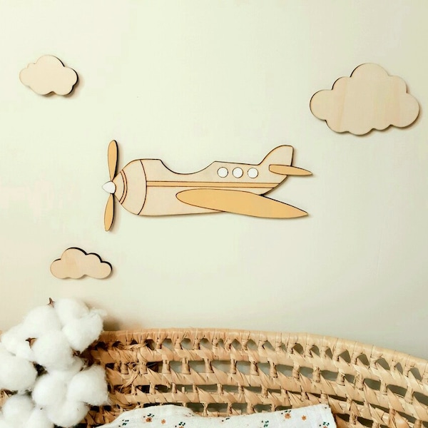 Décoration murale chambre bébé, avion en bois, nuages en bois, décoration chambre de garçon, décoration en bois pour bébé, avion vintage