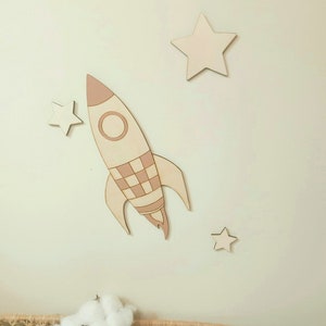 Baby room wall decoration, wooden rocket, wooden stars, wooden decoration for boy, birth gift