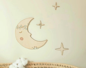 Baby room wall decoration, flowery moon and wooden stars, wooden moon, birth gift, wooden baby decoration
