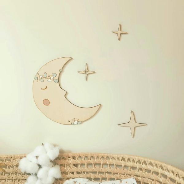 Décoration murale chambre bébé, lune fleurie et étoiles en bois, lune en bois, cadeau de naissance, décoration pour bébé en bois